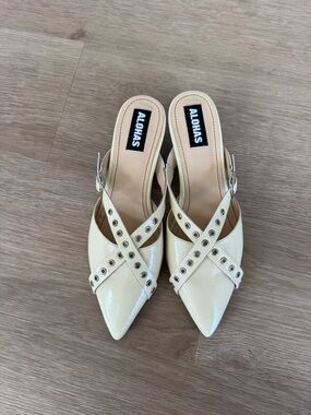 Alohas Cream Patent Pointed-Toe Mule with Studded Cross Straps, 38